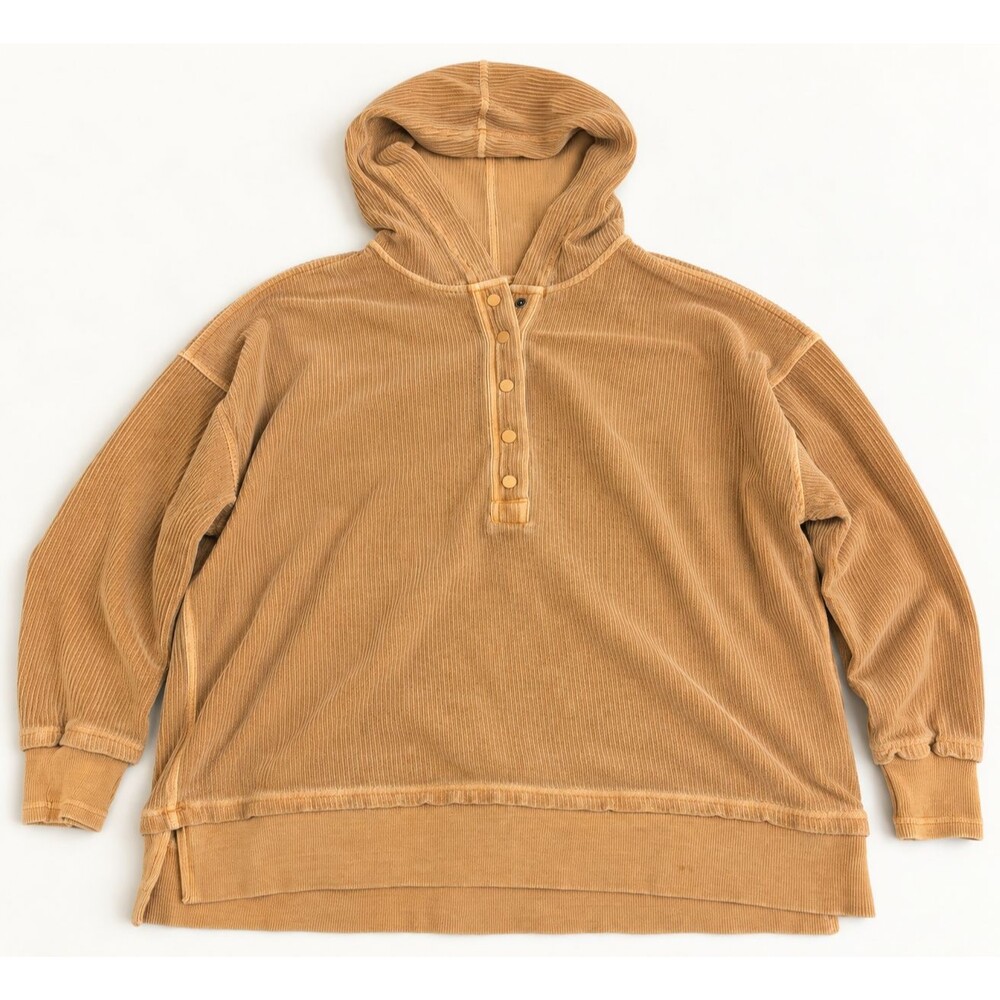 Aerie Ribbed Hooded Henley Pullover L Tan Brown Snap Button Long Sleeve